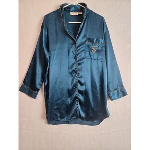 Victorias‎ Secret Pajama Top Small Teal Satin Button Up Embroidered Monogram
